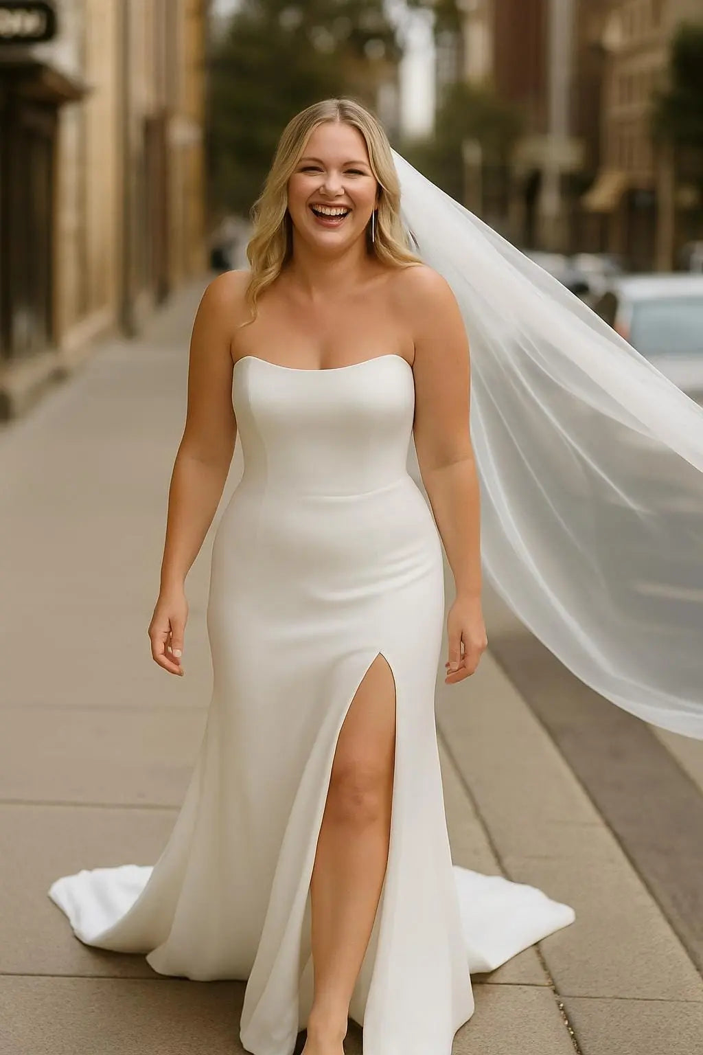 Modern Strapless Wedding Dress in Stretch Crepe with Side Slit Payton Bridal
