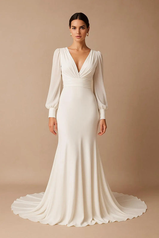 Flowing Long Sleeve V-Neck Wedding Dress – Boho Elegance Payton Bridal