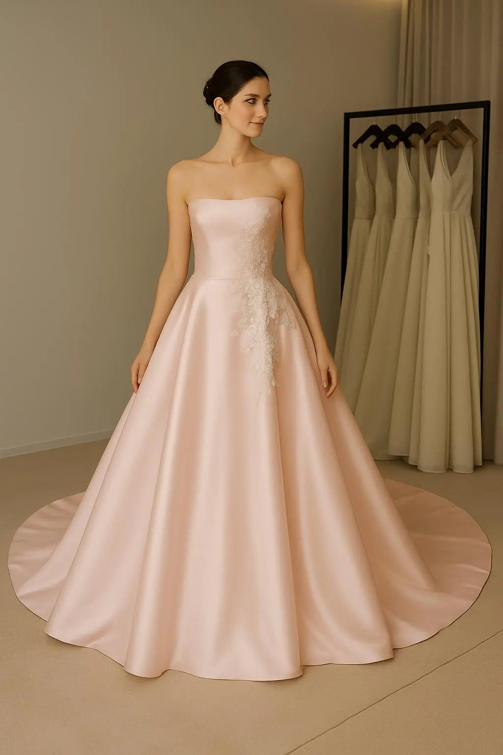 Blush Satin A-Line Wedding Gown with Cascading Lace Appliqué Payton Bridal
