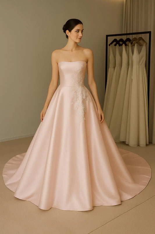 Blush Satin A-Line Wedding Gown with Cascading Lace Appliqué Payton Bridal
