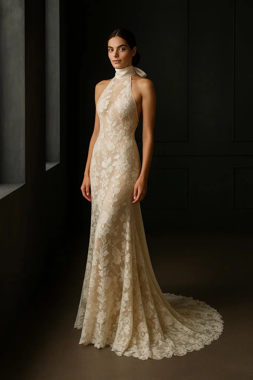 The Sylvie Gown - Floral Lace Halter Wedding Gown with Train Payton Bridal