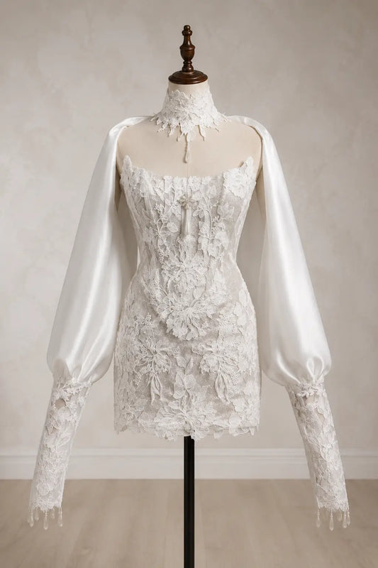 Floral Lace Bridal Mini Dress with Detachable Satin Cape Sleeves Payton Bridal