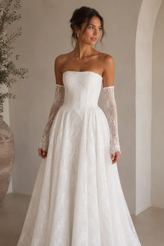 Romantic Strapless Lace Wedding Dress with Detachable Sleeves Payton Bridal