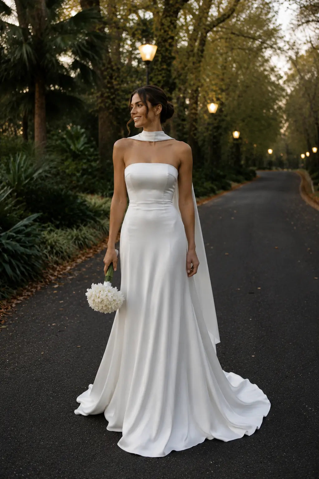 Minimalist Strapless Satin Wedding Dress with Detachable Neck Scarf Payton Bridal