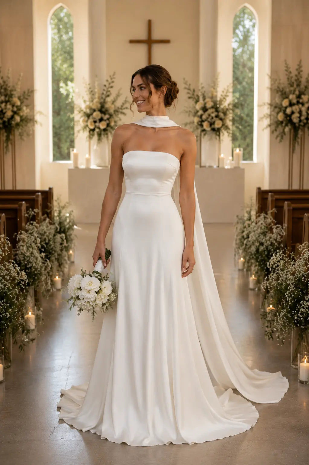 Minimalist Strapless Satin Wedding Dress with Detachable Neck Scarf Payton Bridal
