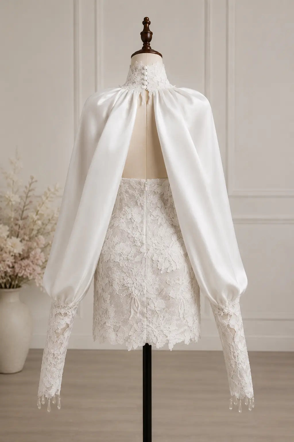 Floral Lace Bridal Mini Dress with Detachable Satin Cape Sleeves Payton Bridal