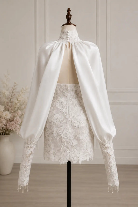Floral Lace Bridal Mini Dress with Detachable Satin Cape Sleeves Payton Bridal