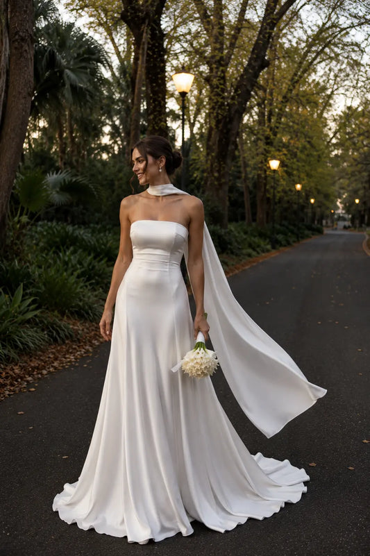 Minimalist Strapless Satin Wedding Dress with Detachable Neck Scarf Payton Bridal