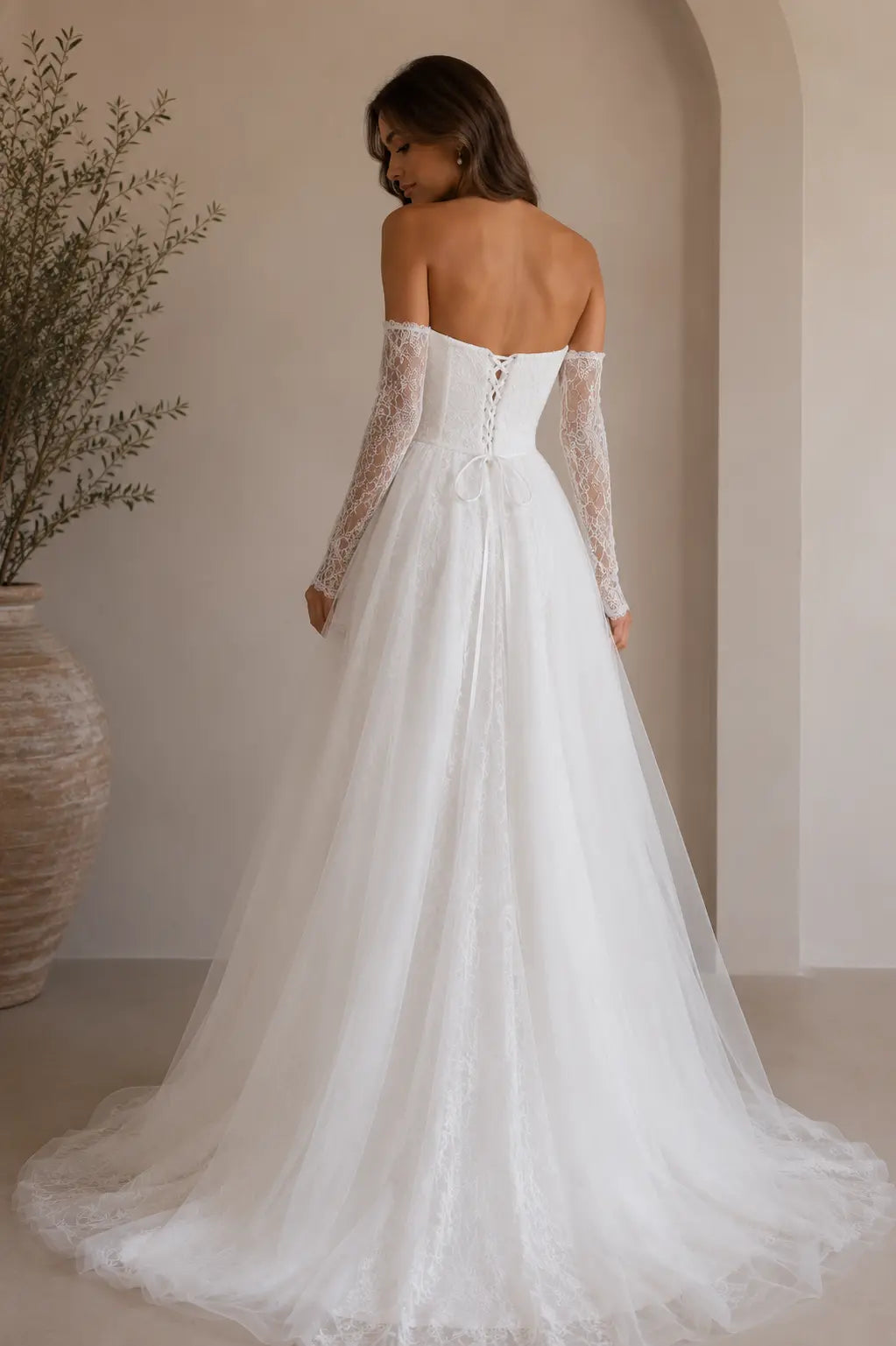 Romantic Strapless Lace Wedding Dress with Detachable Sleeves Payton Bridal