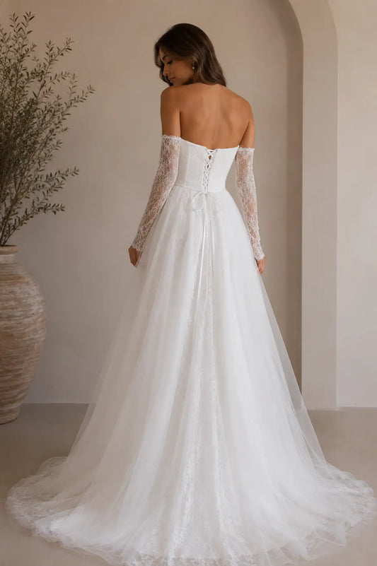 Romantic Strapless Lace Wedding Dress with Detachable Sleeves Payton Bridal