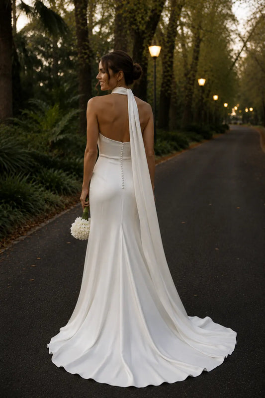 Minimalist Strapless Satin Wedding Dress with Detachable Neck Scarf Payton Bridal