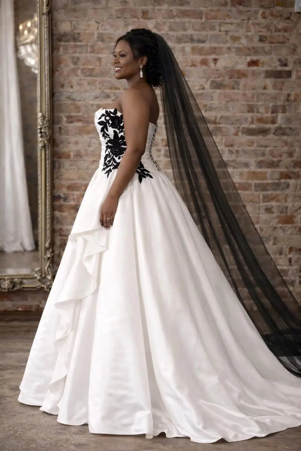 Strapless Satin Ball Gown with Black Lace & Asymmetrical Skirt Detail Payton Bridal