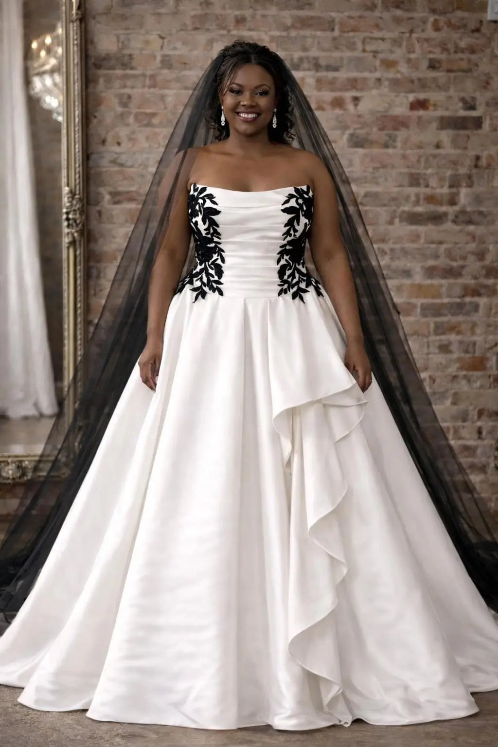 Strapless Satin Ball Gown with Black Lace & Asymmetrical Skirt Detail Payton Bridal