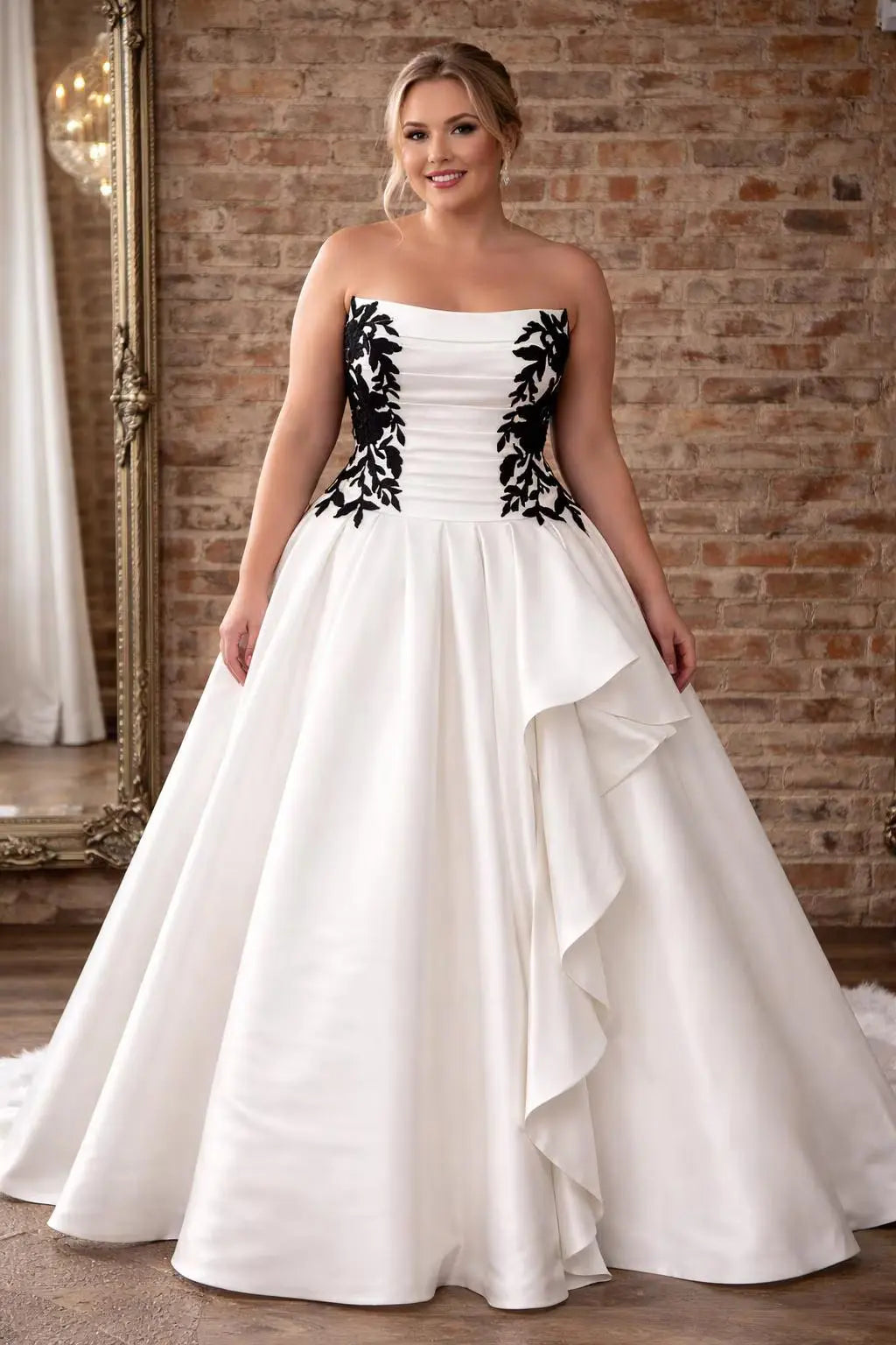 Strapless Satin Ball Gown with Black Lace & Asymmetrical Skirt Detail Payton Bridal