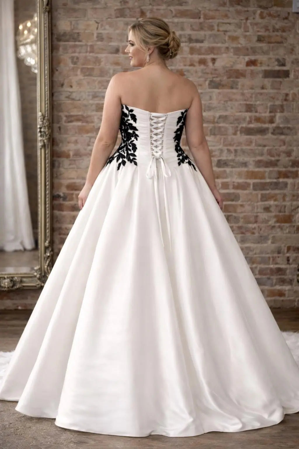 Strapless Satin Ball Gown with Black Lace & Asymmetrical Skirt Detail Payton Bridal