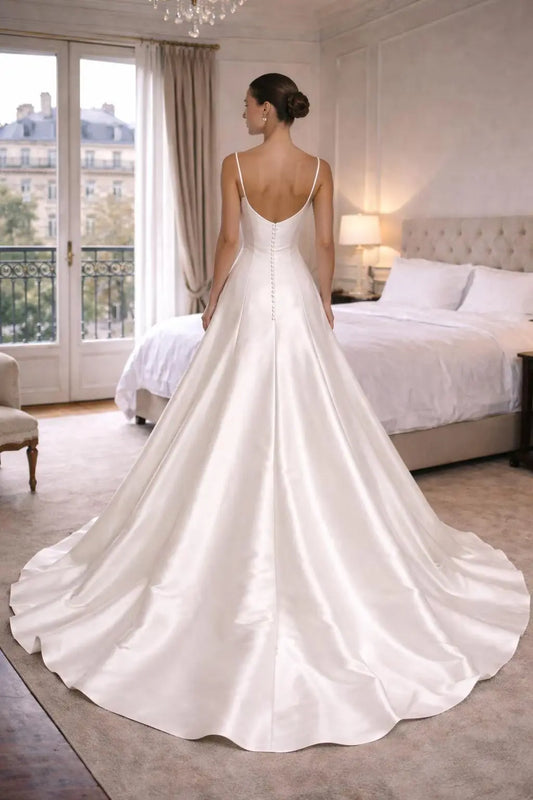 Structured Mikado Wedding Dress with Button Back – Architectural A-Line Bridal Gown - Payton Bridal