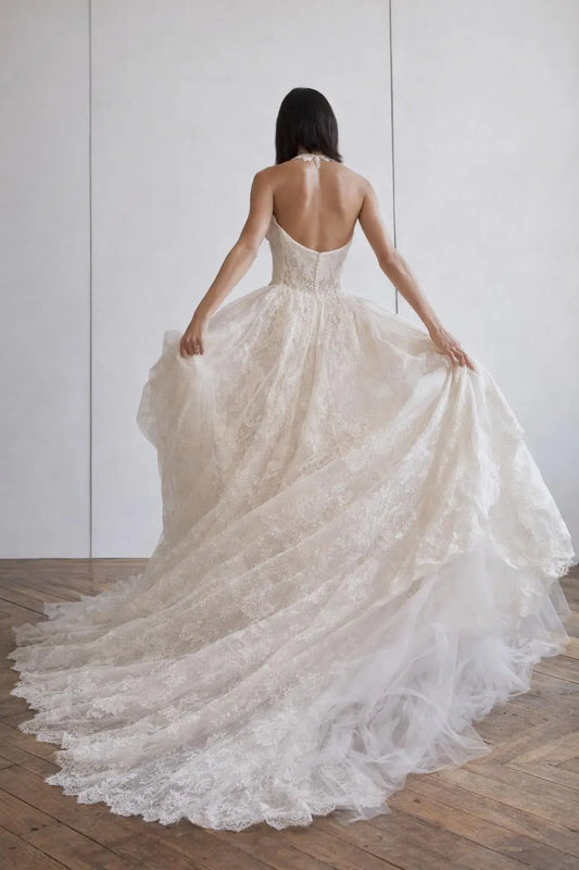 Lace Halter Wedding Dress with Open Back and Full A-Line Skirt Payton Bridal