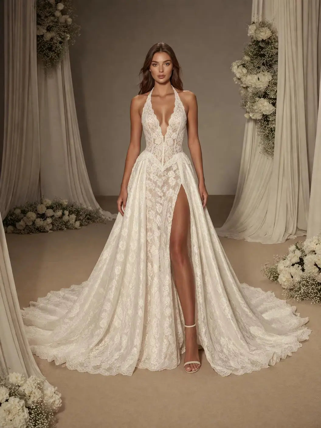 Elegant Lace Halter Wedding Dress with Open Back 12
