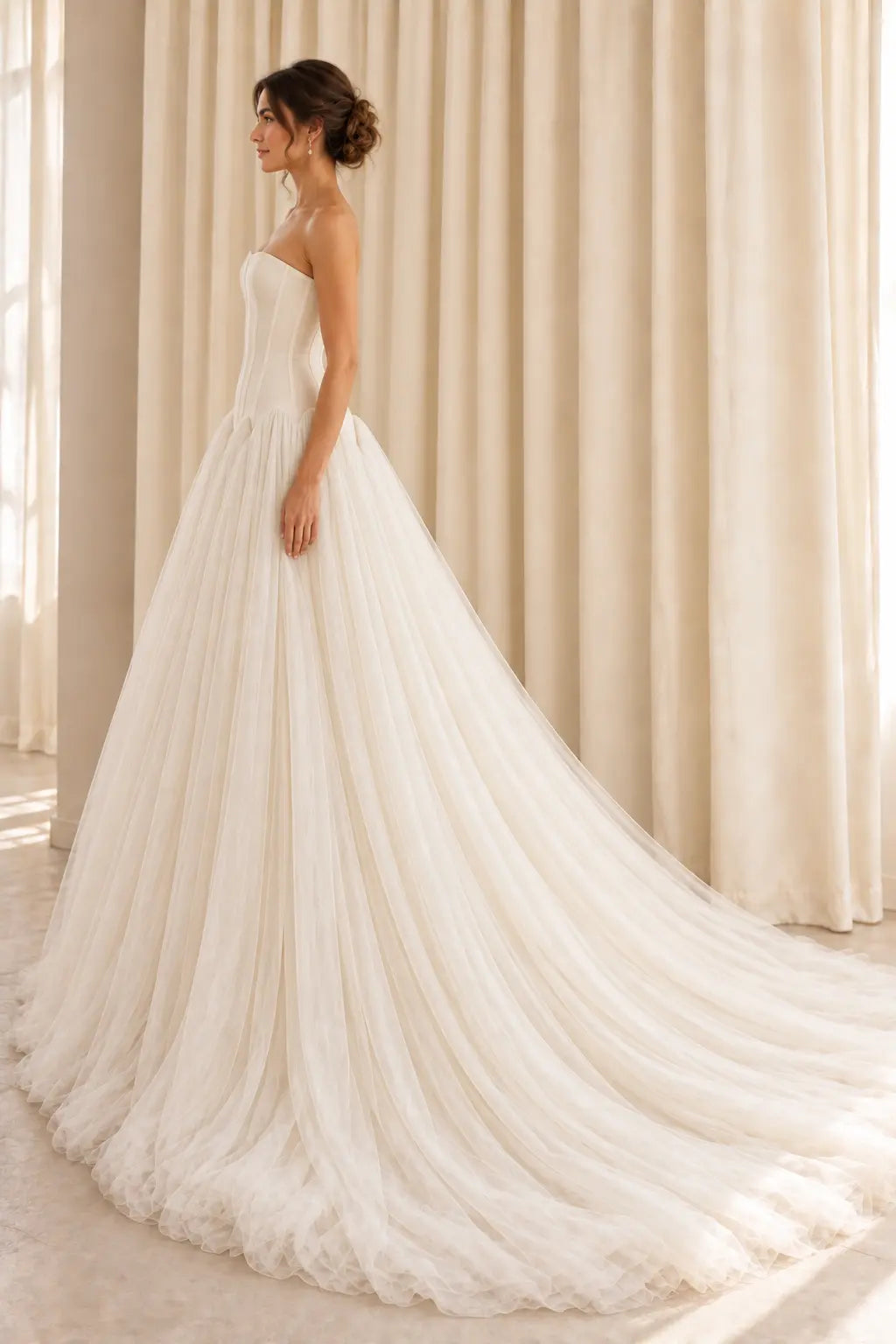 Ivory Drop Waist Tulle Wedding Dress with Lace Up Back Payton Bridal