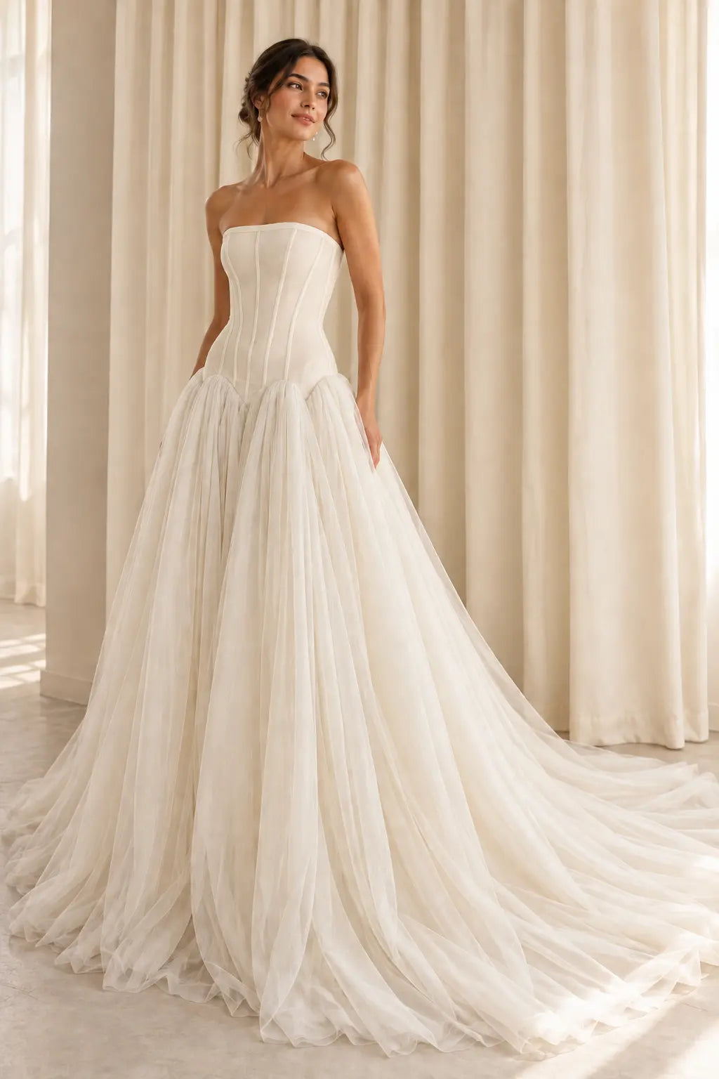 Ivory Drop Waist Tulle Wedding Dress with Lace Up Back Payton Bridal
