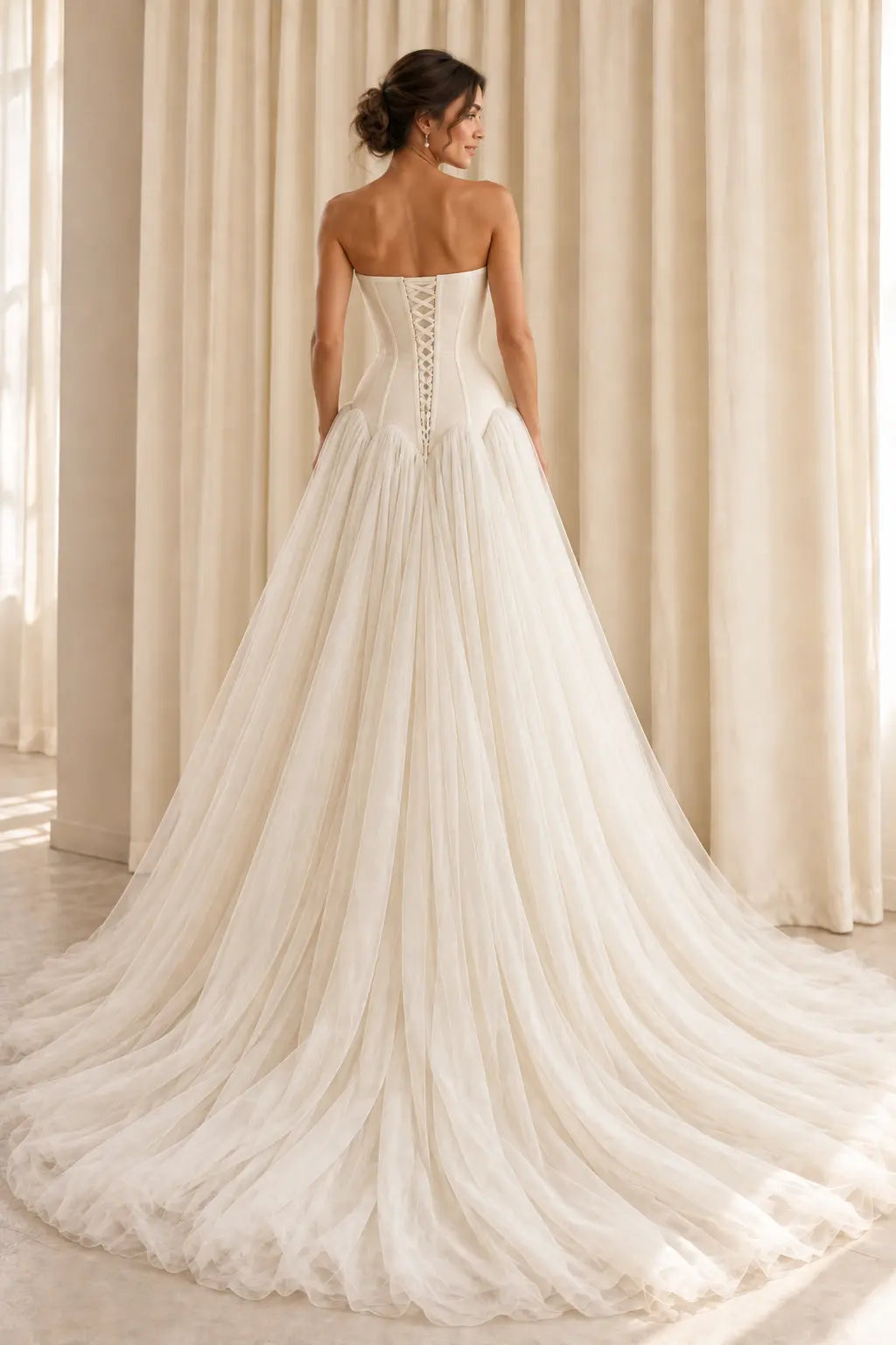 Ivory Drop Waist Tulle Wedding Dress with Lace Up Back Payton Bridal