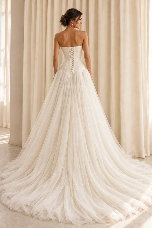 Ivory Drop Waist Tulle Wedding Dress with Lace Up Back Payton Bridal