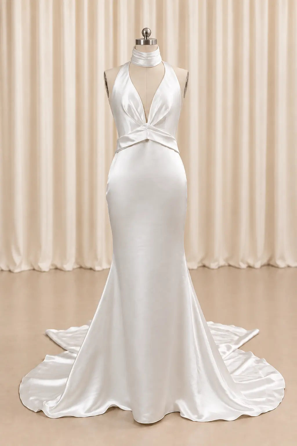 Ivory Satin Halter Wedding Dress with Open Back and Scarf Detail Payton Bridal