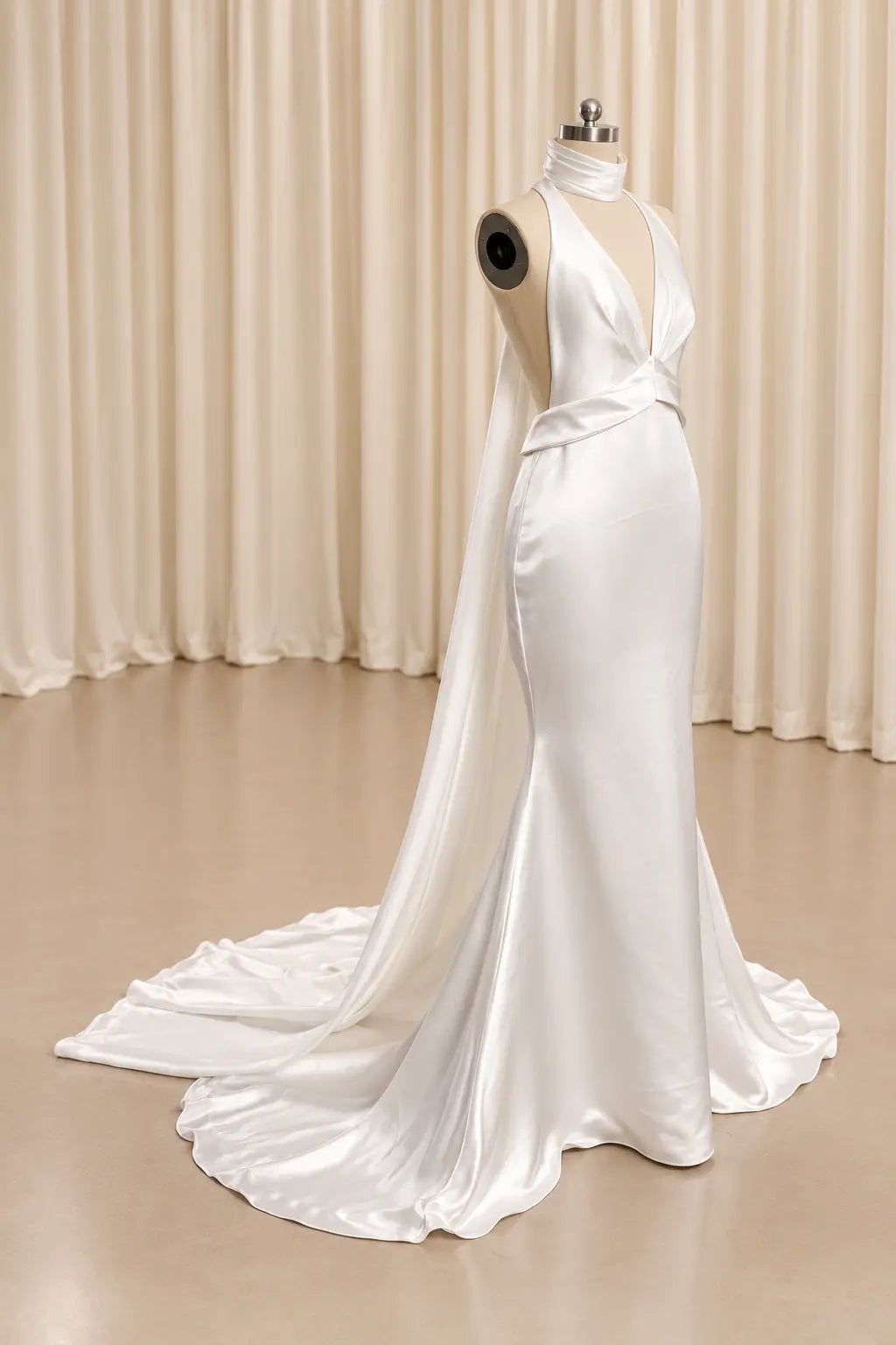 Ivory Satin Halter Wedding Dress with Open Back and Scarf Detail Payton Bridal