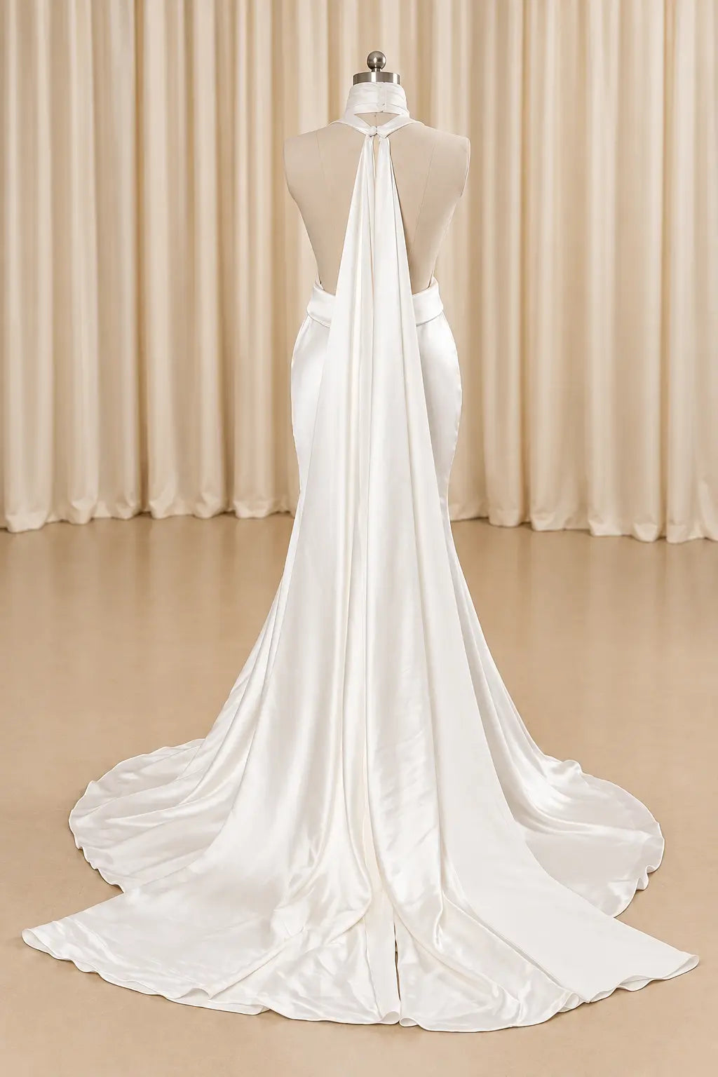 Ivory Satin Halter Wedding Dress with Open Back and Scarf Detail Payton Bridal