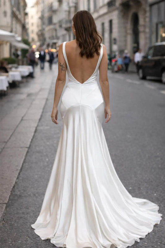Modern Satin Wedding Dress with Sculpted Hip Seam – Deep V Bridal Gown Payton Bridal