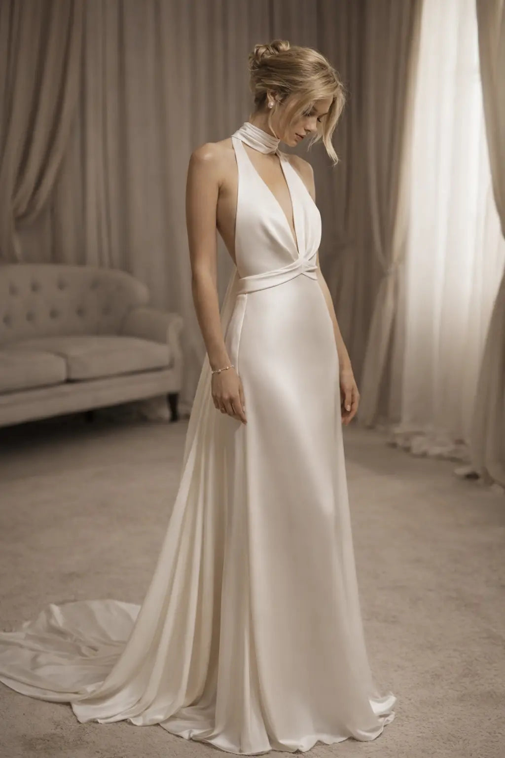 Ivory Satin Halter Wedding Dress with Open Back and Scarf Detail Payton Bridal
