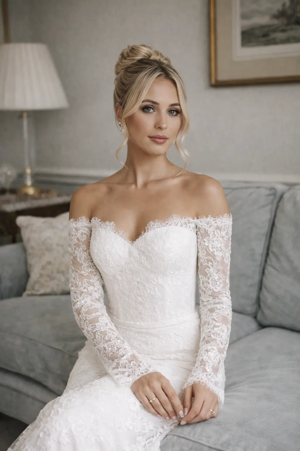Off Shoulder Lace Wedding Dress with Sleeves – Fitted Romantic Bridal Gown