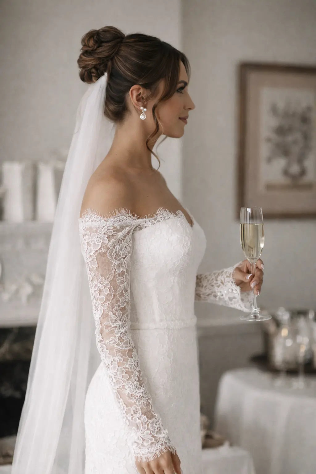 Off Shoulder Lace Wedding Dress with Sleeves – Fitted Romantic Bridal Gown