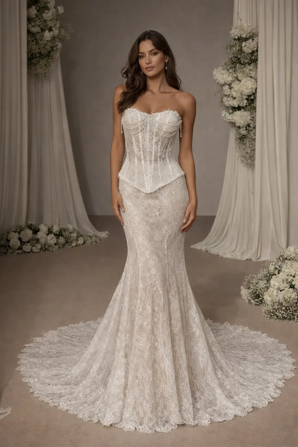 Lace Corset Wedding Dress – Structured Bodice & Mermaid Lace Skirt