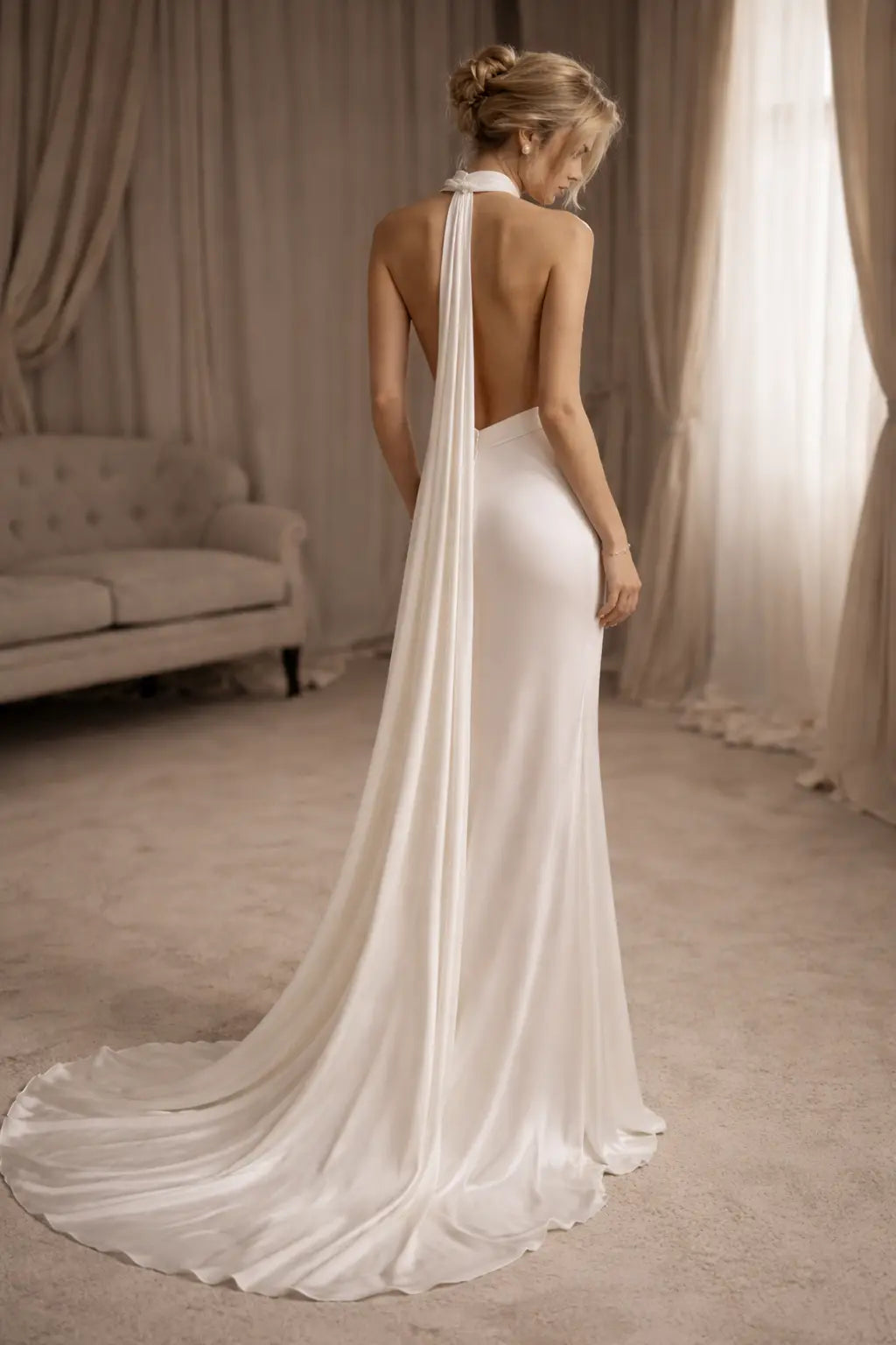 Ivory Satin Halter Wedding Dress with Open Back and Scarf Detail Payton Bridal