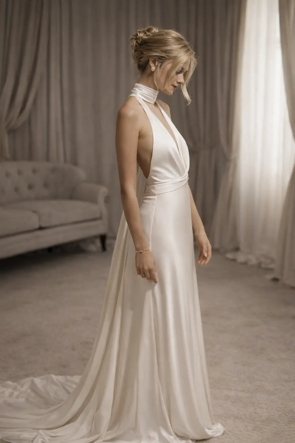 Ivory Satin Halter Wedding Dress with Open Back and Scarf Detail Payton Bridal