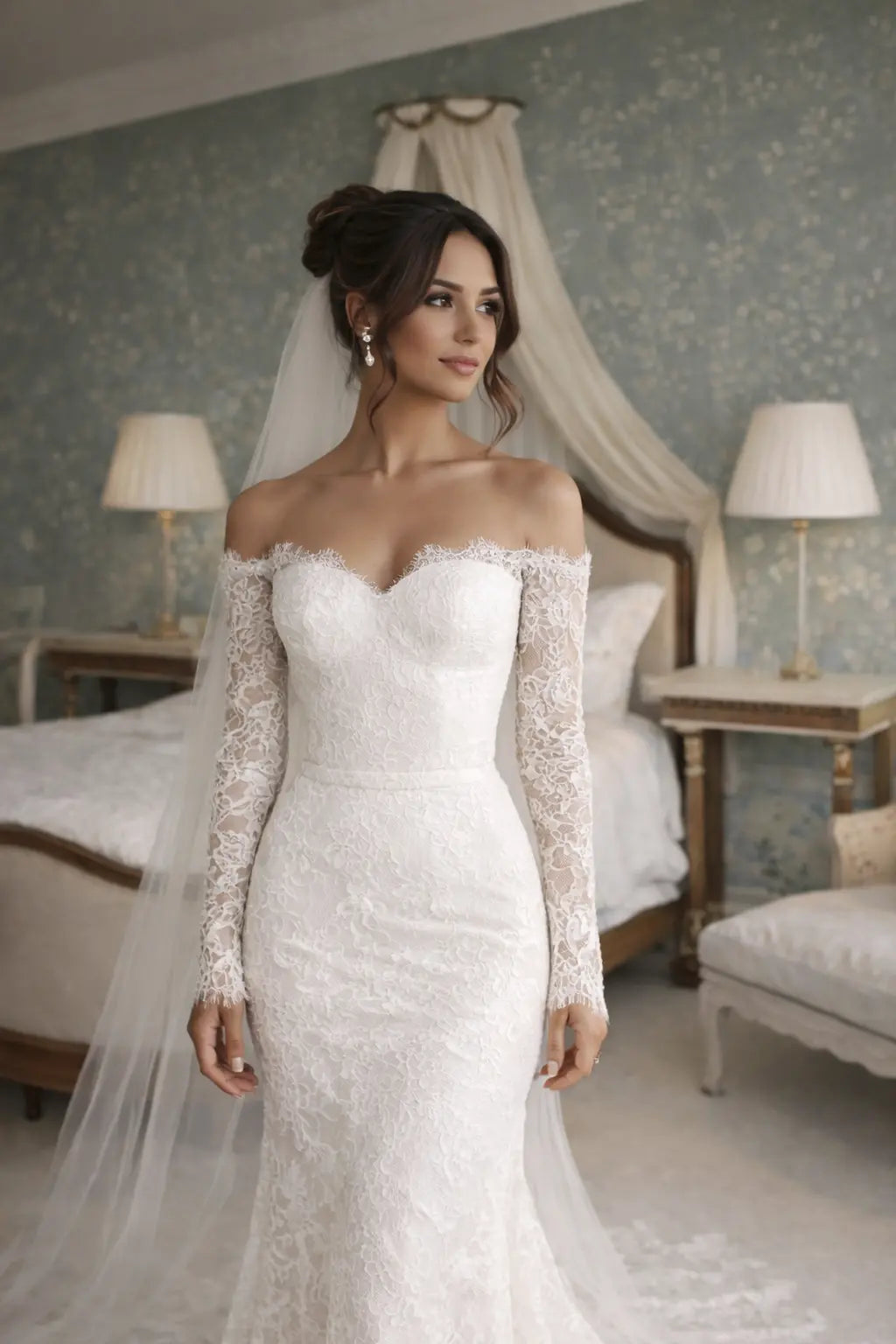 Off Shoulder Lace Wedding Dress with Sleeves – Fitted Romantic Bridal Gown