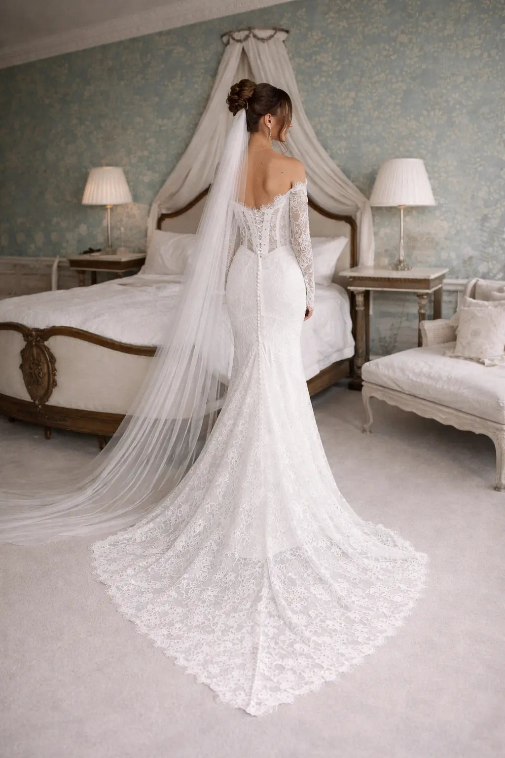 Off Shoulder Lace Wedding Dress with Sleeves – Fitted Romantic Bridal Gown