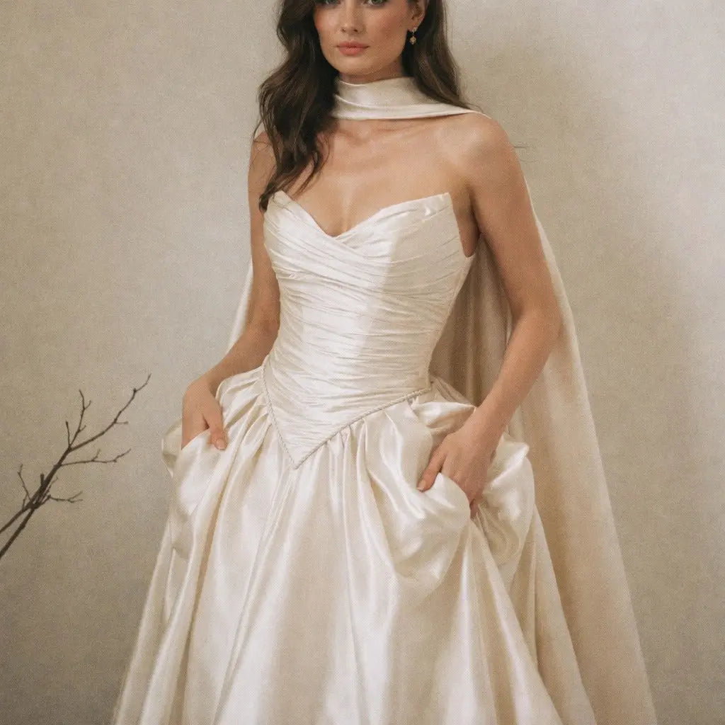 Satin Corset Wedding Dress with Pockets – Strapless Ruched Bodice, A-Line Skirt, Modern Bridal Gown Payton Bridal