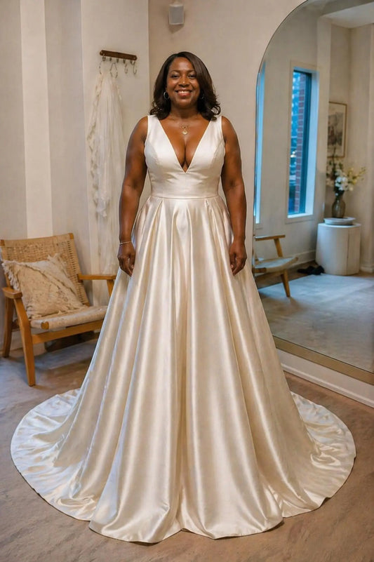 Satin A-Line Wedding Dress with Draped Bodice and Open Back Payton Bridal