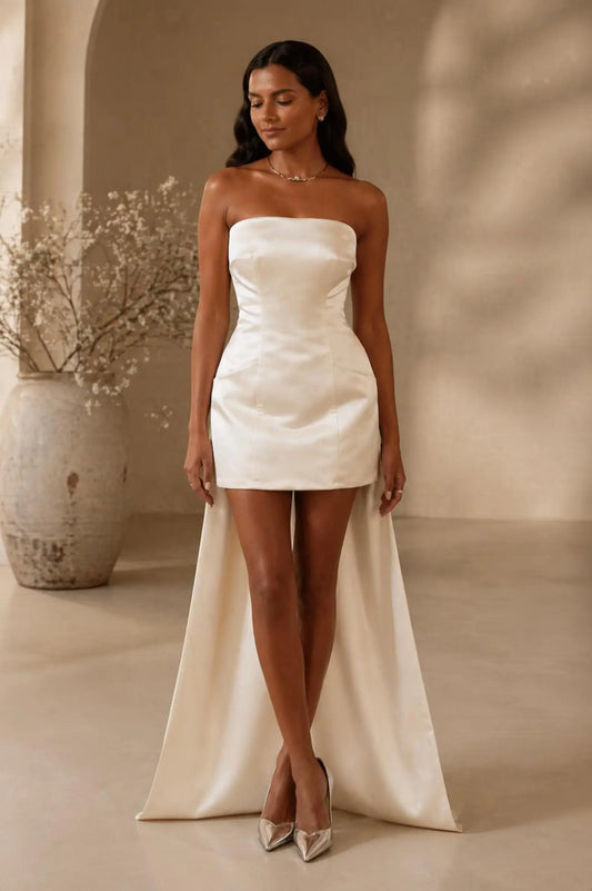 Strapless Satin Mini Wedding Dress with Integrated Train Payton Bridal