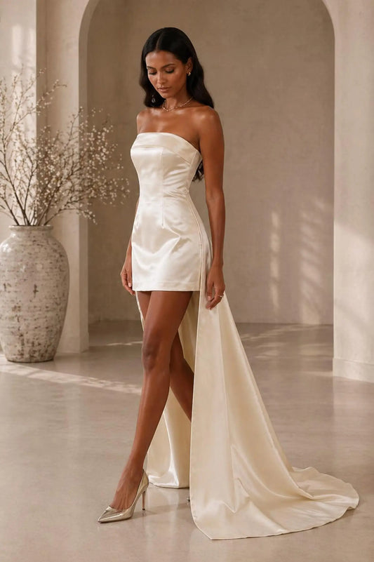 Strapless Satin Mini Wedding Dress with Integrated Train Payton Bridal