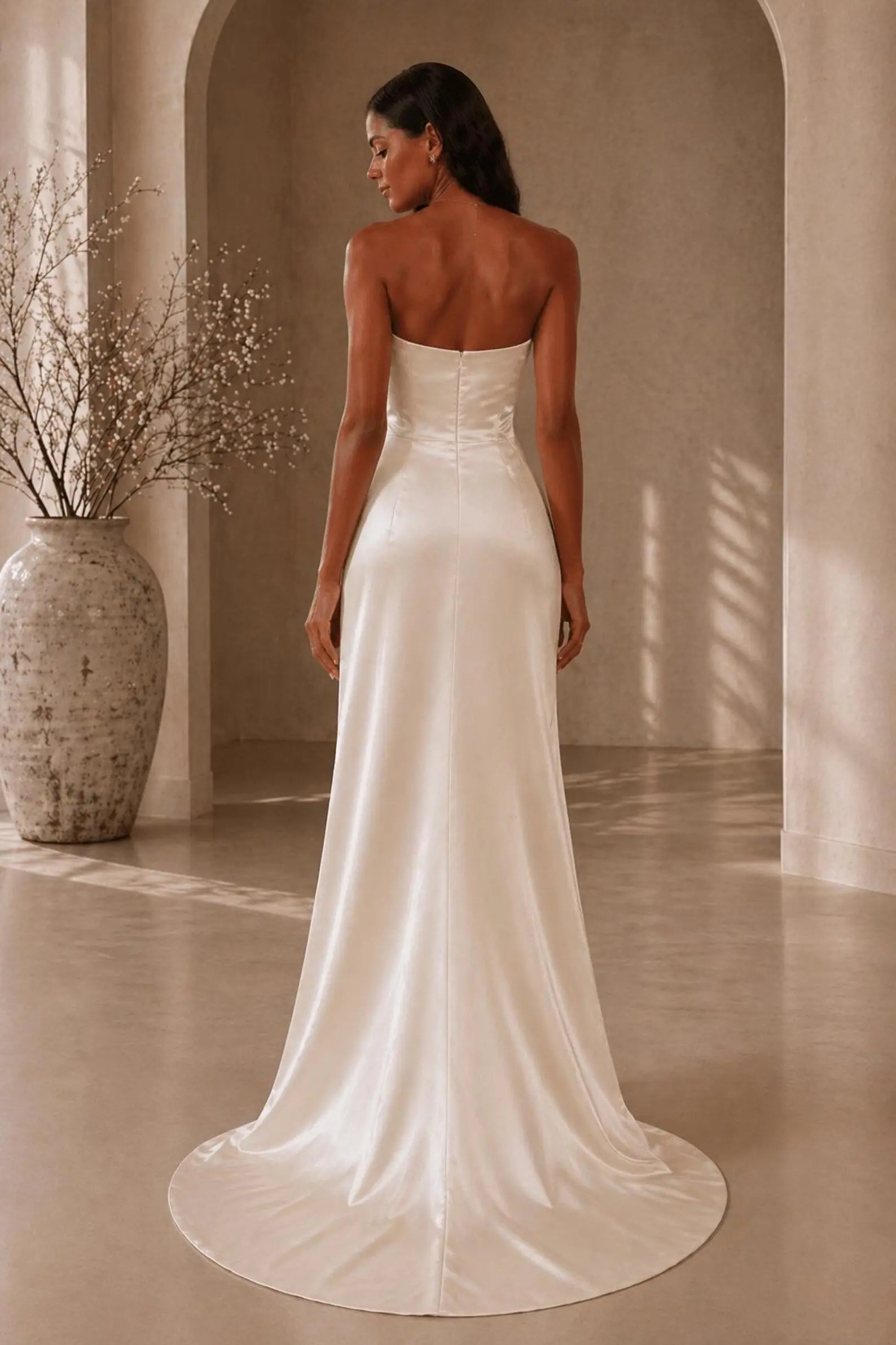 Strapless Satin Mini Wedding Dress with Integrated Train Payton Bridal