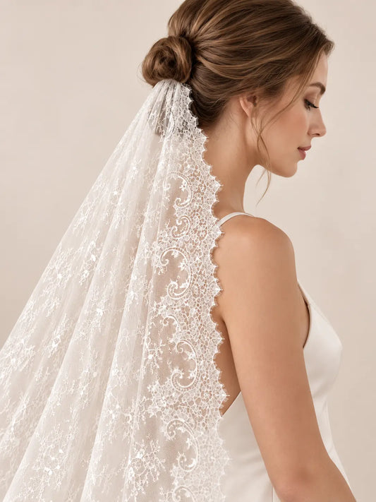 Chantilly Lace Wedding Veil with Floral Lace Edge Payton Bridal