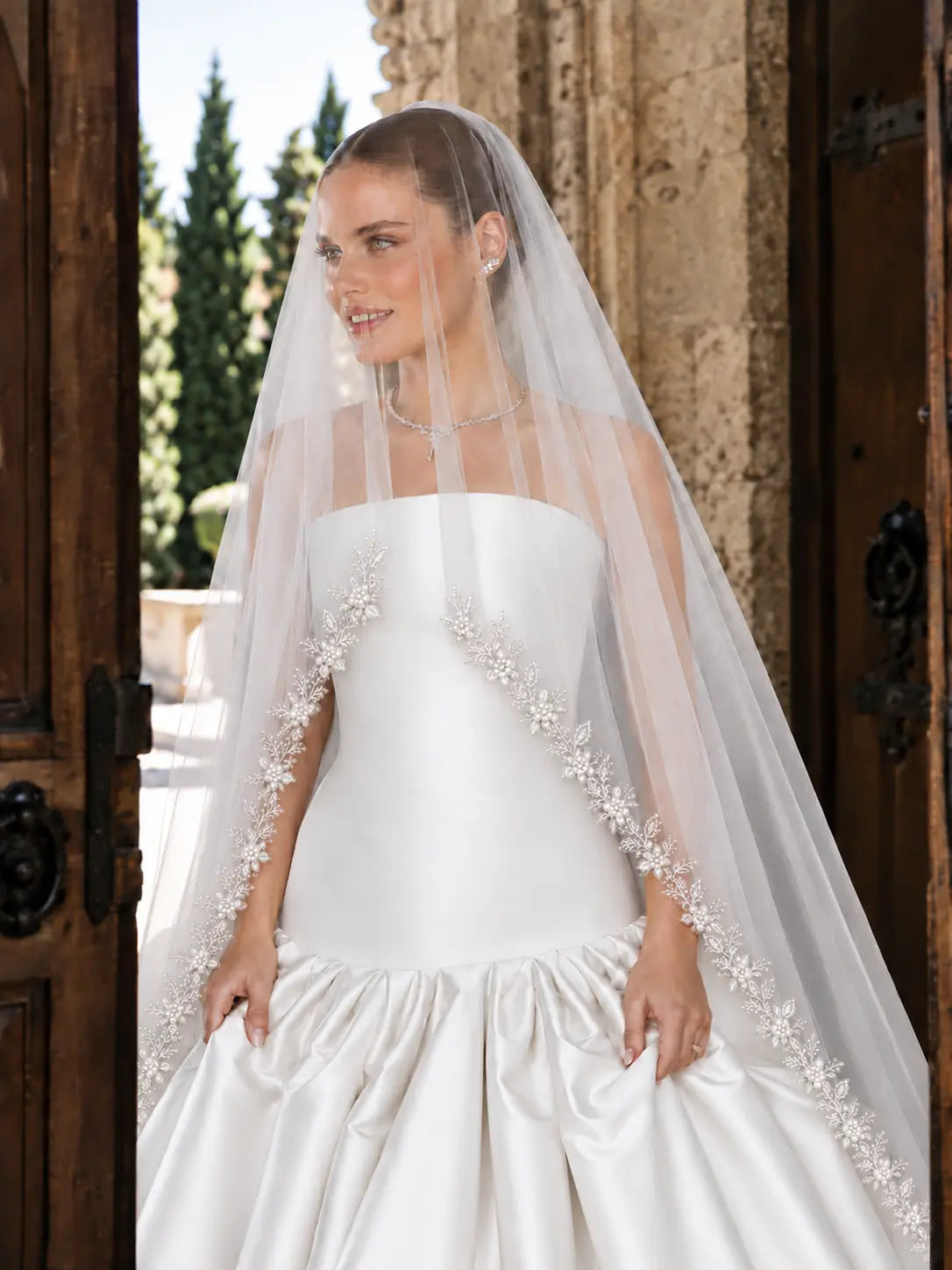 Ivory Cathedral Bridal Veil with Floral Lace and Beaded Edge - Long Embroidered Wedding Accessory Payton Bridal