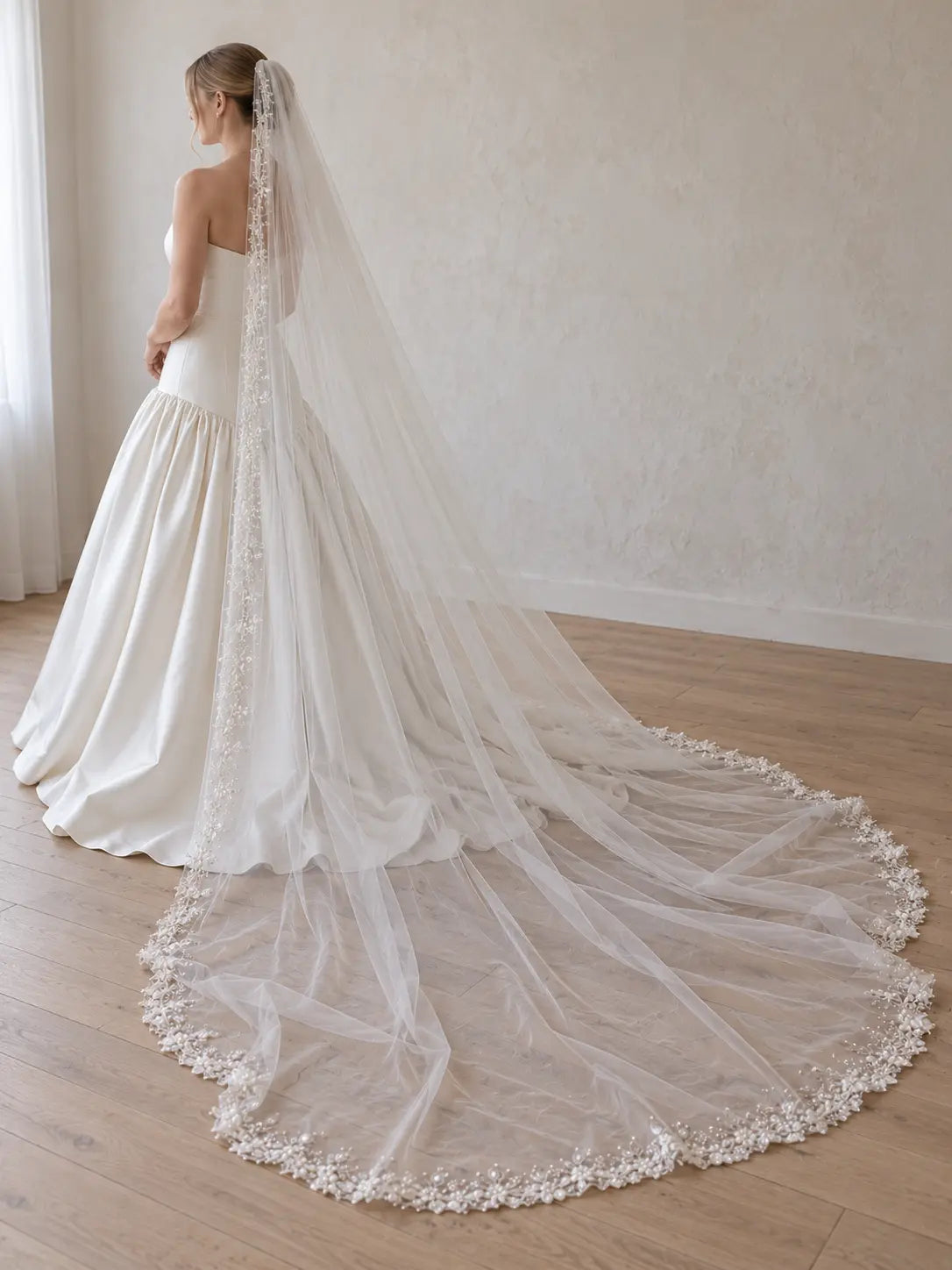 Ivory Cathedral Bridal Veil with Floral Lace and Beaded Edge - Long Embroidered Wedding Accessory Payton Bridal